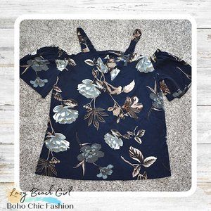 Gorgeous Navy Floral Cold Shoulder Blouse